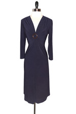 NEW CHAPS Size L A-Line Dress Navy Blue 3/4 Sleeve Stretch Knit Knee Length