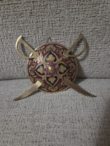 Vintage Brass Mini Dhal Talwar Sword Shield Indian Wall Hanging Decor 8"