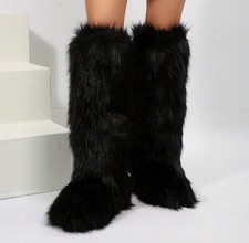 Women Faux Furry Slip on Mid Calf Winter Black Snow Boots