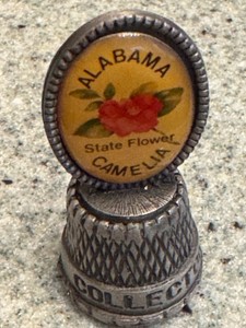 Vintage Pewter Thimble, Alabama Souvenir, State Flower, Camelia