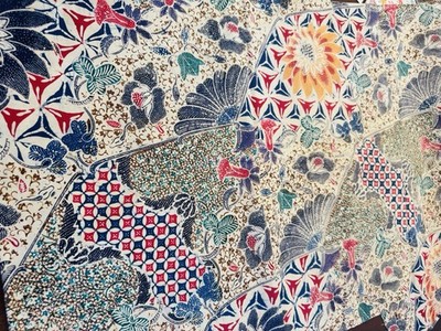 Unique Stamped FLORAL BATIK COTTON FABRIC Blue Red Yellow 40'' W Dbl Sided BTHY