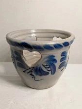 VINTAGE DAVID ELDRETH ARTIST  SALT GLAZED CROCK CANDLE FLOWER POT 1993 SIGNED