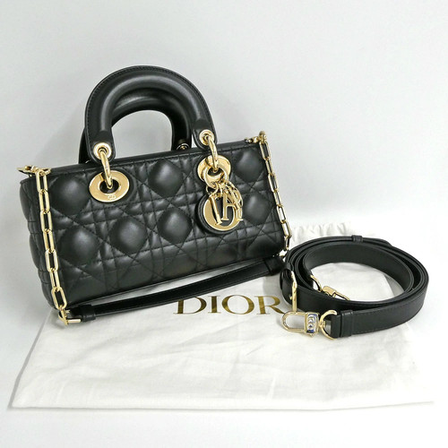 AUTH DIOR LADY D-JOY SMALL 3WAY BAG M0613ONGE CANNAGE LEATHER BLACK WOMEN'S F/S