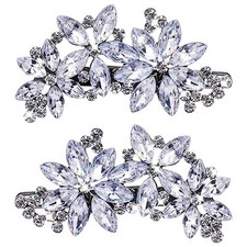 2 PCS Rhinestone Hair Clips, Silver, Floral Style, for Women's Wedding,