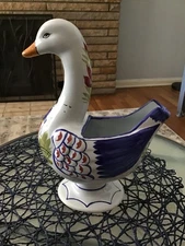 复古 HB 坎佩尔米斯特拉尔夫人中心蓝鸭陶瓷花盆法国 1980 年代高10英寸宽7英寸