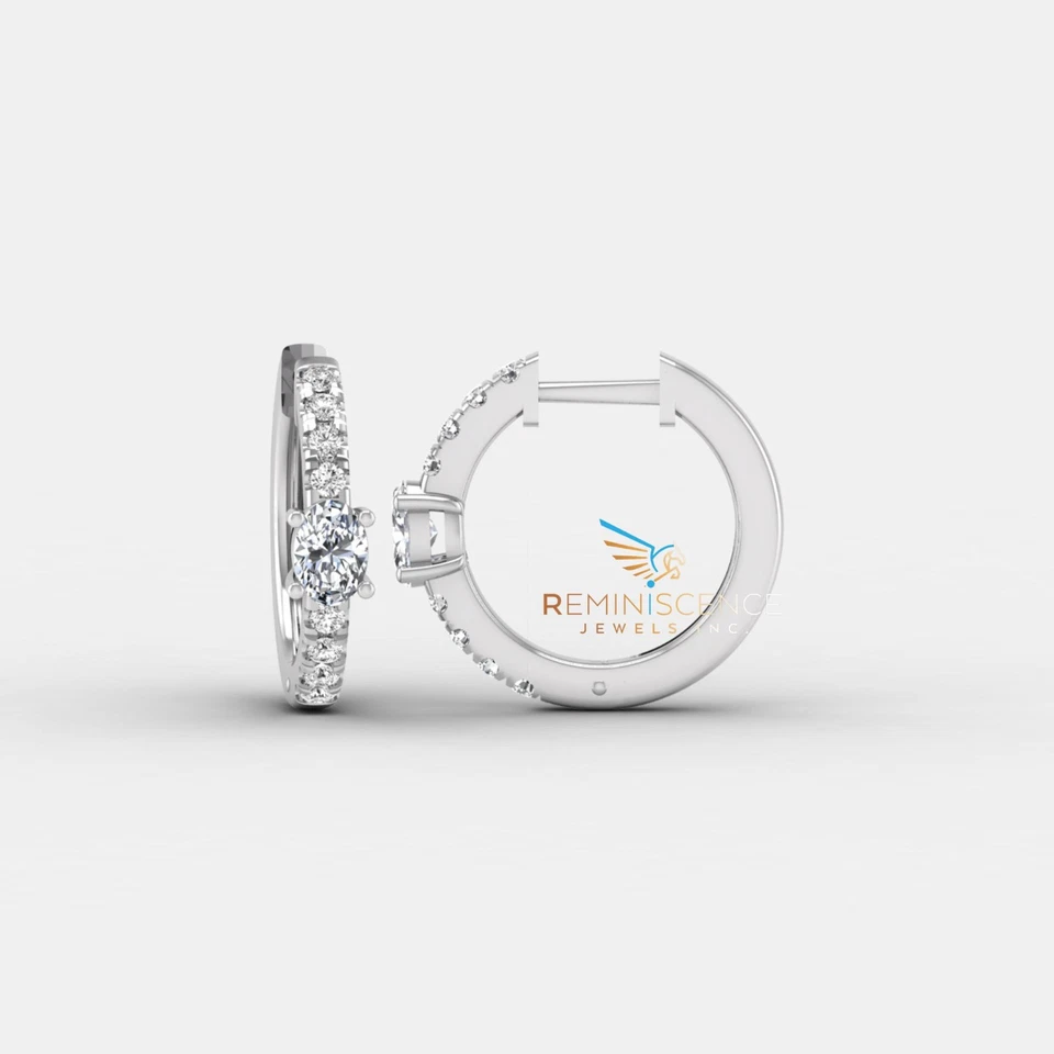 Oval & Round Cut Lab Grown Diamond 14K Gold Elegant Engagement Huggie Earrings - Image 3 of 4