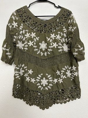 Women s Oliver.O Green Embroidered / Crochet Boho Top MEDIUM