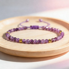 Natural Amethyst Beaded Bracelet 2mm Tiny Gemstone Dainty Crystal Healing Gift