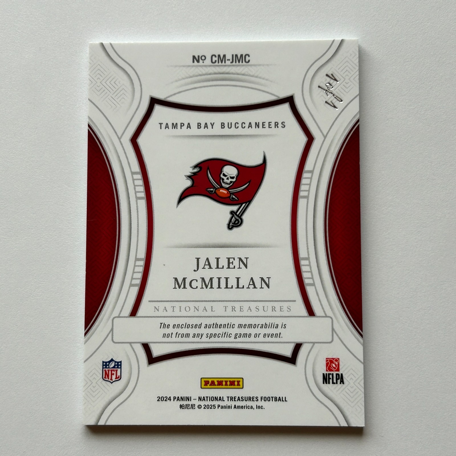 Jalen McMillan 2024 Panini National Treasures Rookie NFL Shield Card #CM-JMC 1/1 view 6