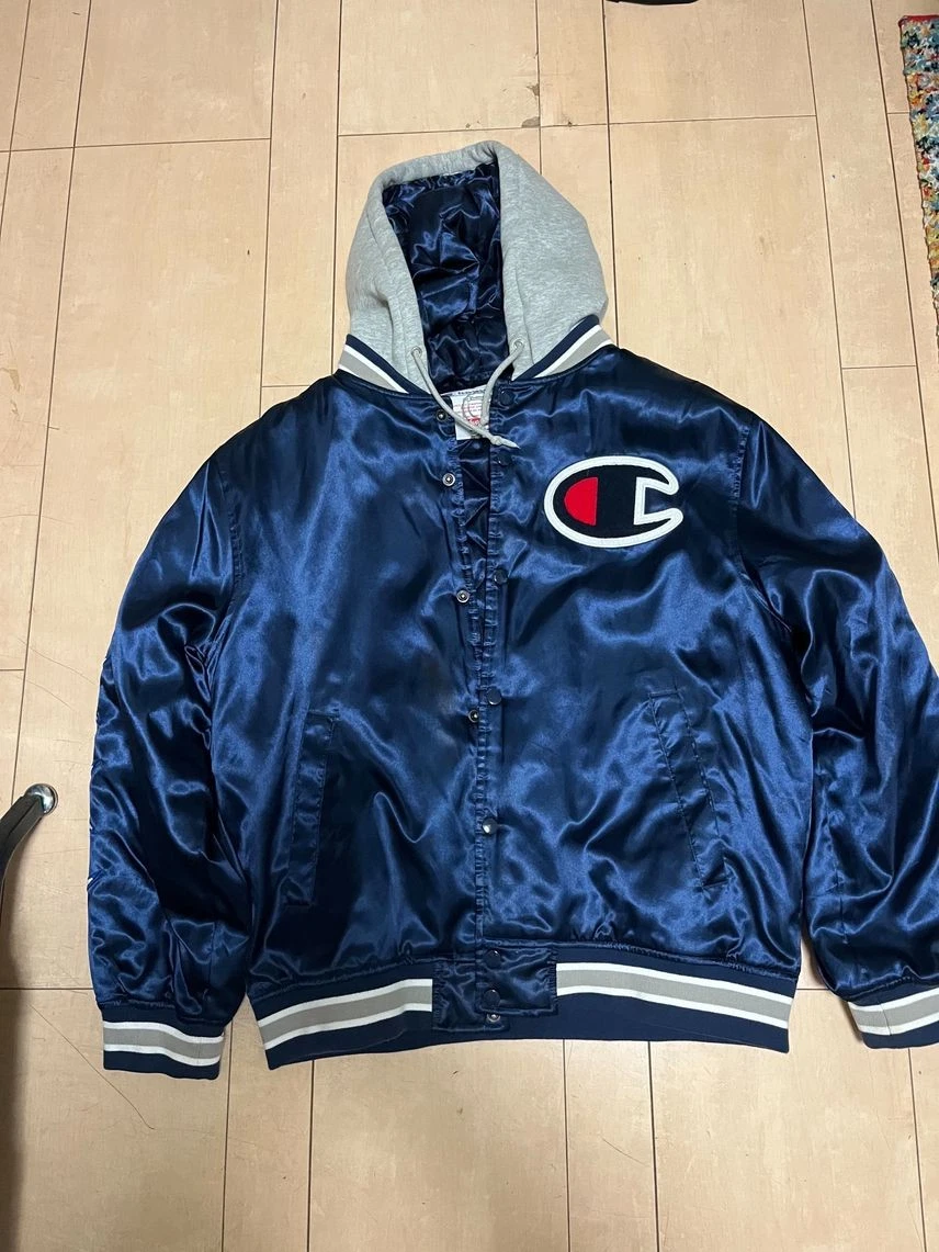 Veste universitaire en satin à capuche Supreme / Champion bleu marine