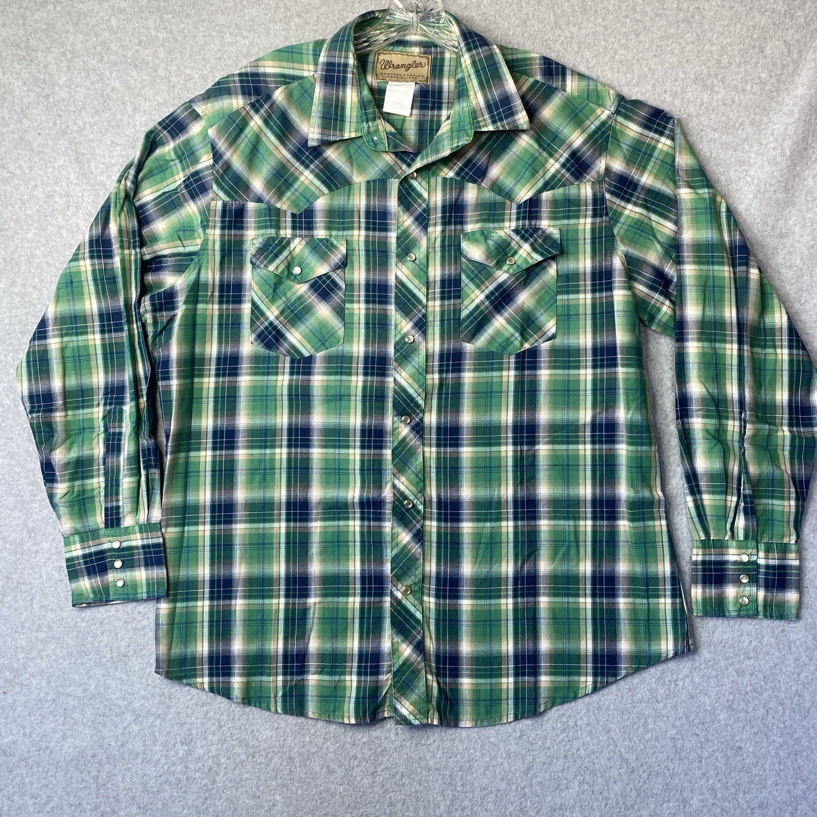 Wrangler Western Fashion Shirt Mens XL Pearl Snap Green Plaid Pockets Cotton