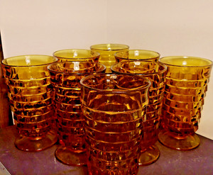 Vintage Indiana Glass SET OF 8 Whitehall Cubist Amber Tumbler EUC