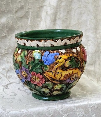 Vintage Italian Sgraffito Pottery Planter Alpine Ibex Folkart