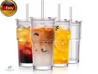 600 Ml Glasbecher Mit Deckel Und Strohhalm, Gerippte Trinkbecher FüR Iced
