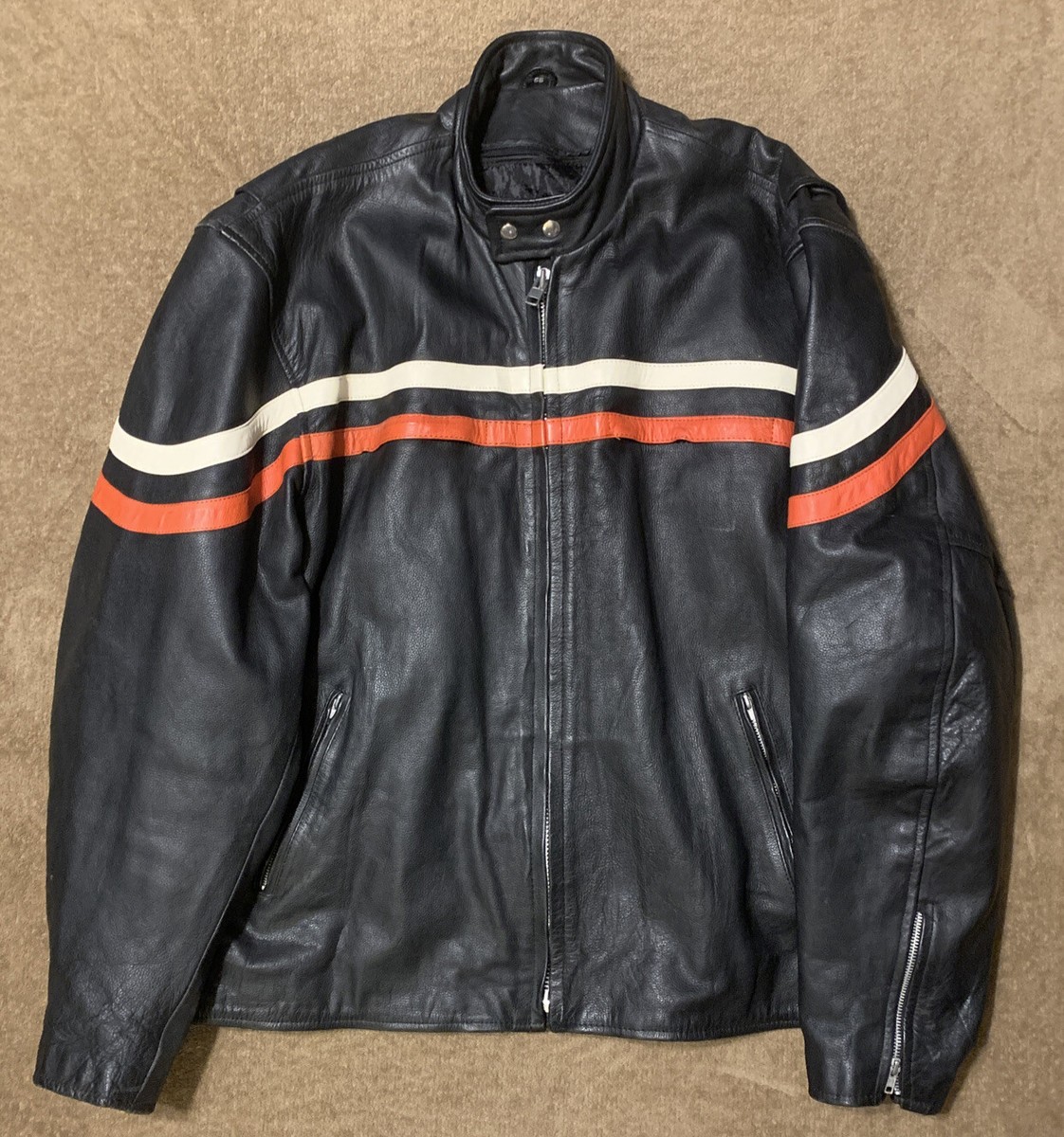 Black Striped Heavy Duty Leather Rider Jacket Size 56 w/ zipout