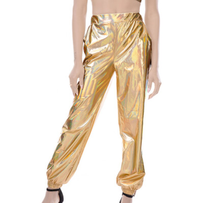 Women's Laser Shiny Pants Trousers Tapered Elastic Waist Dance Hip Hop Loose