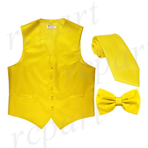 New Men's Solid Tuxedo Vest Waistcoat Necktie & Bowtie Set Party Prom Yellow - Picture 1 of 7