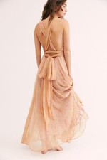 NWT FREE PEOPLE Sz 4 GIORGIA TIE CRINKLY FLOWY MIDI DRESS PETAL COMBO