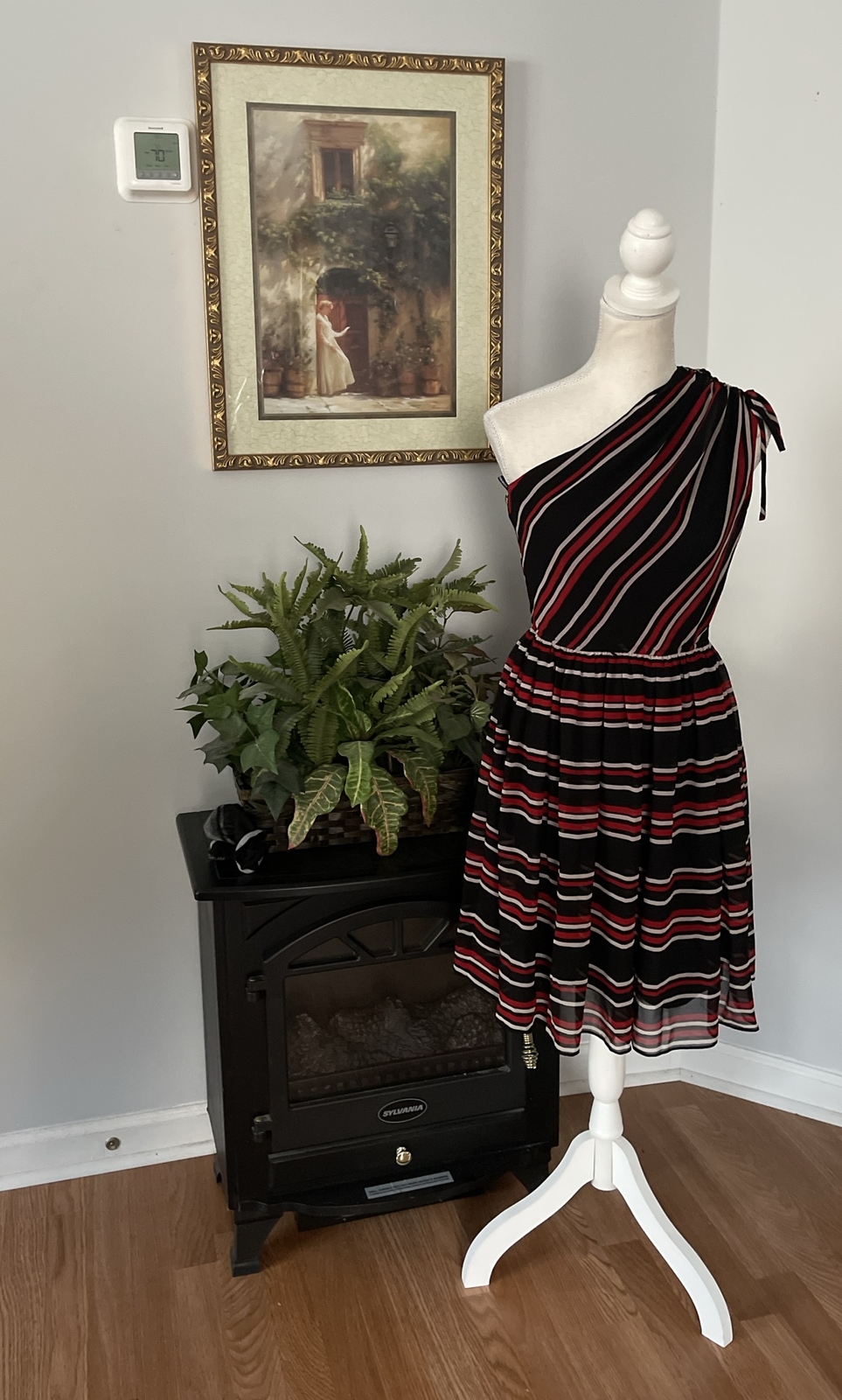 Miss Sixty One Shoulder  Elastic Waist Striped Print  A-Line Skirt DRESS Size 2