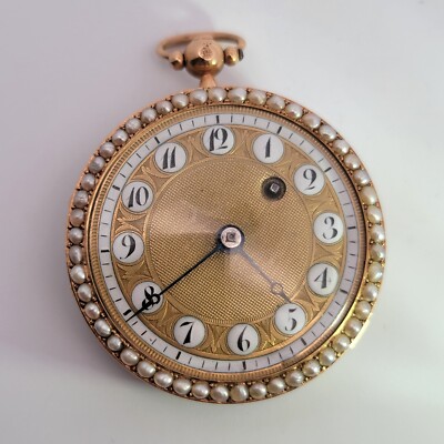 1800s REVEL French 18K Gold Pearls Blue Enamel Ladies Verge Fusee Pocket  Watch