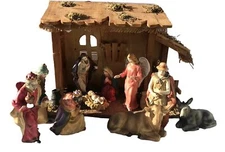 Vtg Nativity Scene HTF Porcelain Wood Set 13 Christmas Decor Manger Jesus Angel