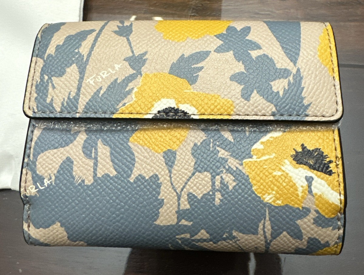 FURLA Classic Leather Tri-Fold Wallet Floral Pattern New In