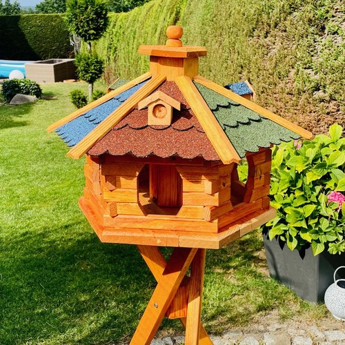 DARLUX Vogel Futter XL Futterstelle Holz Vogelhaus+ Ständer Braun/ Rot Grün Blau - Bild 3 von 7