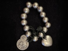 Bibi Bijoux Silvertone Large Beaded Bracelet Heart & Coin Chunky with Pouch