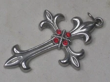 Cross pendant Christian religious charm Fleur De Lis metal w/ red detail