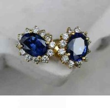 Lab Created Blue Sapphire 3Ct Oval Cut Halo Stud Earrings 14K Yellow Gold Plated