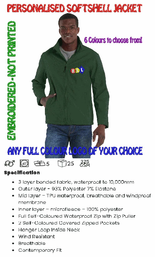 Soft Shell Jacket FREE CUSTOM PERSONALISED EMBROIDERED LOGO OF YOUR CHOICE!
Opens in a new window or