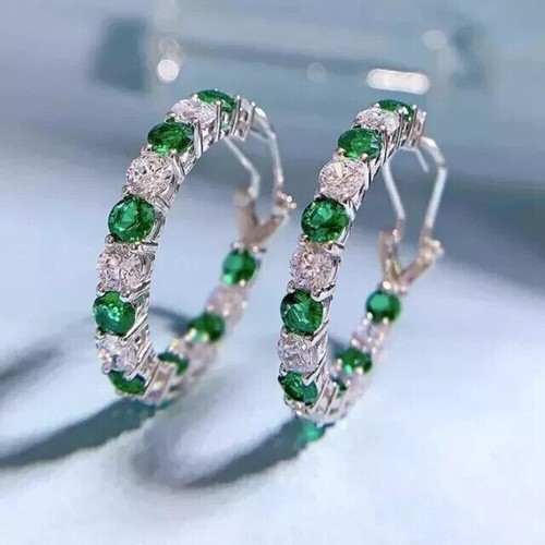2.20Ct Round Cut Lab Created Emerald Huggie Hoop Earrings 14K White Gold Plated - Picture 2 of 10
