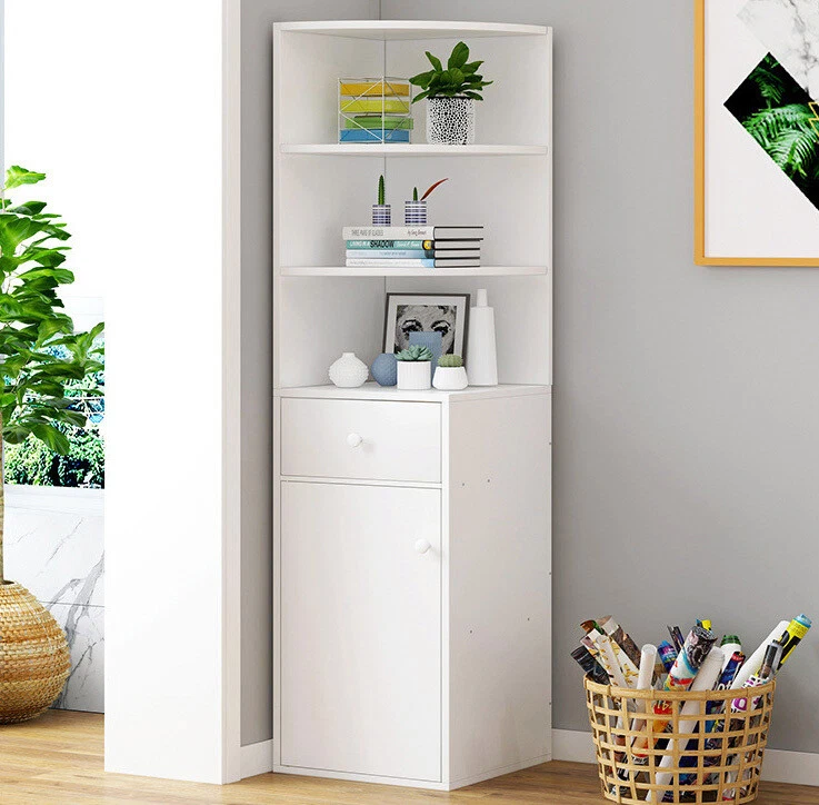 Vision Stylish Wooden Corner Shelf Unit with Cabinet & Drawer (White) - image 3 of 4