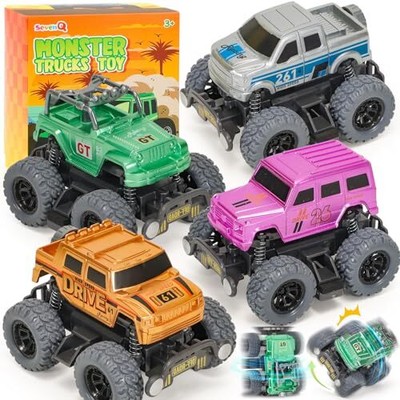 SevenQ Monster Truck Toys for Boys 4 Pcs Toy Cars Flip Stunt Car Pull Back Ra...