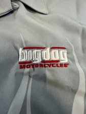 NEW BIG DOG MOTORCYCLES GRAY BUTTON UP DRESS SHIRT WITH FLAMES & SIGNATURE LOGO