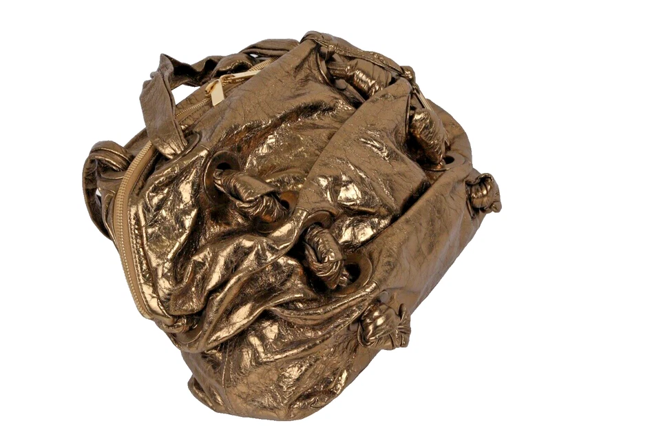 Michael Kors Collection Double Top Handle Bag Gold Metallic Leather Ruched - Image 2 of 4