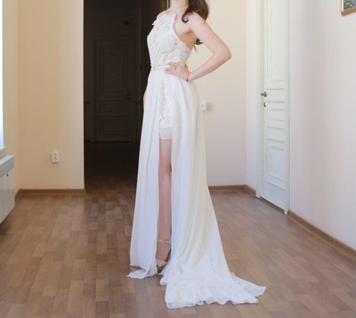 Vintage Ivory Brautkleid Hochzeitskleid Standesamt Spitze Asymmetrisch Ebay