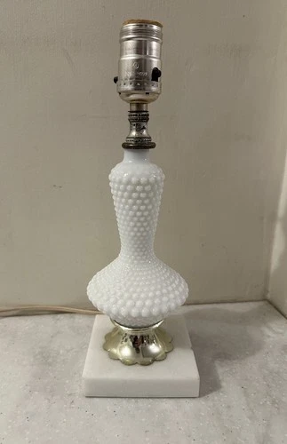 Vintage White Milk Glass Hobnail Boudoir Table Lamp 12" • Marble Base • UL