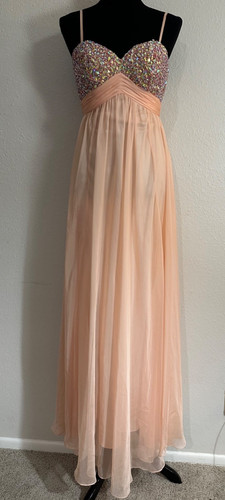 Dave & Johnny Prom Gown Dress Size 1/2 Peach Pink Beaded Rhinestone Chiffon Flaw
