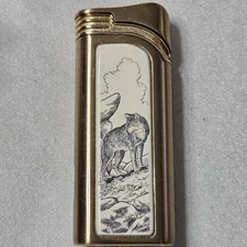Colibri Vintage Slim Line Gold Tone Lighter Wolf Design Butane 