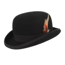 100% Wool Bowler Hat High Quality with Removable Feather Satin Lined