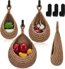 Honeydak Boho Decor Hanging Wall Baskets for Kitchen 3 Pack Teardrop Baskets wit