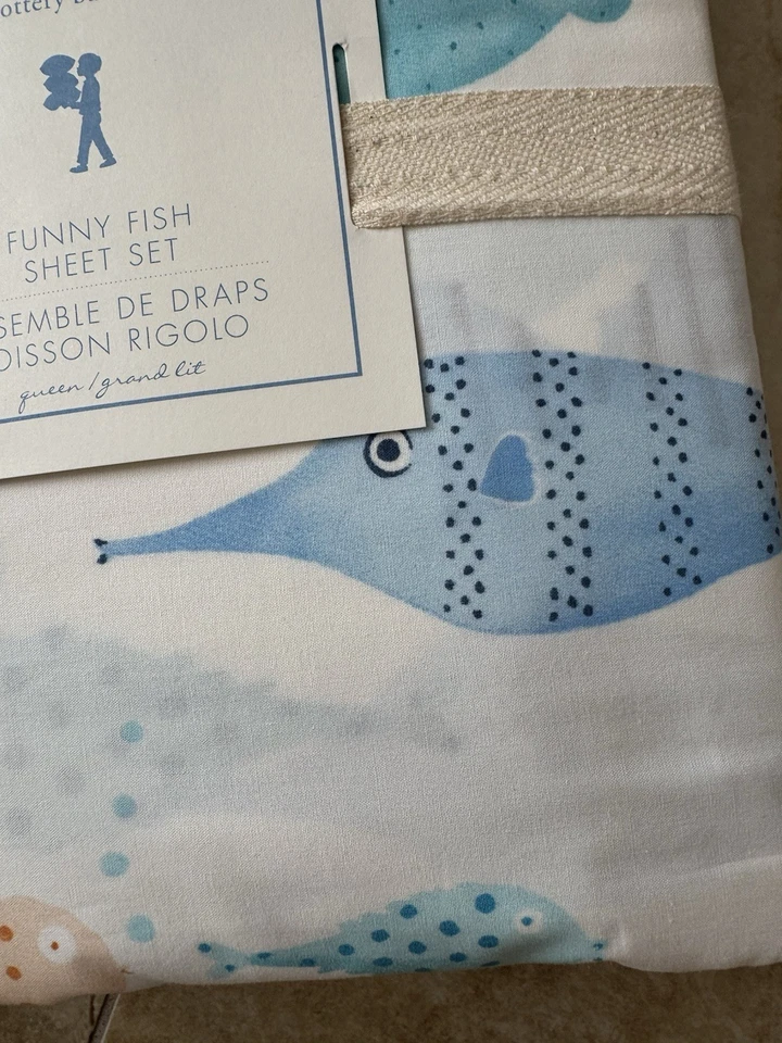 Pottery Barn Kids ~BLUE ENGRAÇADO FUSH~ *QUEEN* CONJUNTO DE LENÇÓIS ~ALGODÃO~ TUBARÃO NÁUTICO - Imagem 2 de 4
