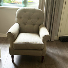 Laura Ashley grey Armchair Button Tufted Back, Padded Seat, Wooden Legs