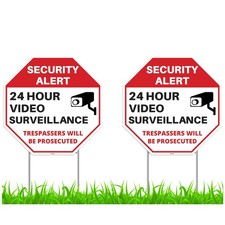 2PC 24 Hour Video Surveillance Sign with Stakes, 12"x12" - Corrugated Plastic...
