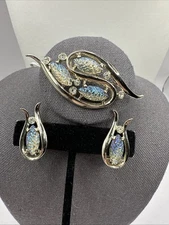 Vintage Signed Emmons Aurora Borealis AB Cabochon Rhinestone Brooch & Earrings