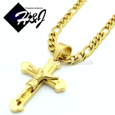 18"-36"MEN Stainless Steel 6mm Gold Plated Figaro Link Chain Cross Pendant*J2