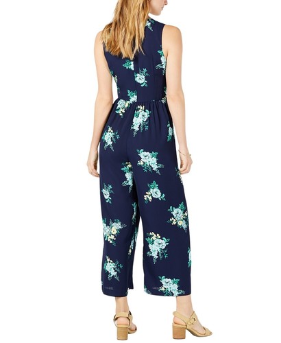 Maison Jules Womens Navy Blue Floral Sleeveless Ruched Front Romper Size 6 - Picture 2 of 8