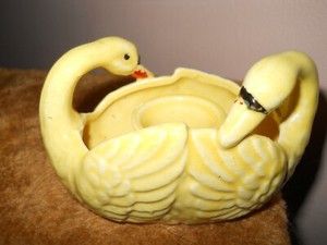 Vintage ceramic Double swan yellow candleholder hand-painted in Japan SHIPS FREE