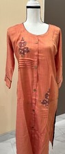 Indian Ethnic Embroidered Orange Raw Silk Kurta Kurti Tunic Dress